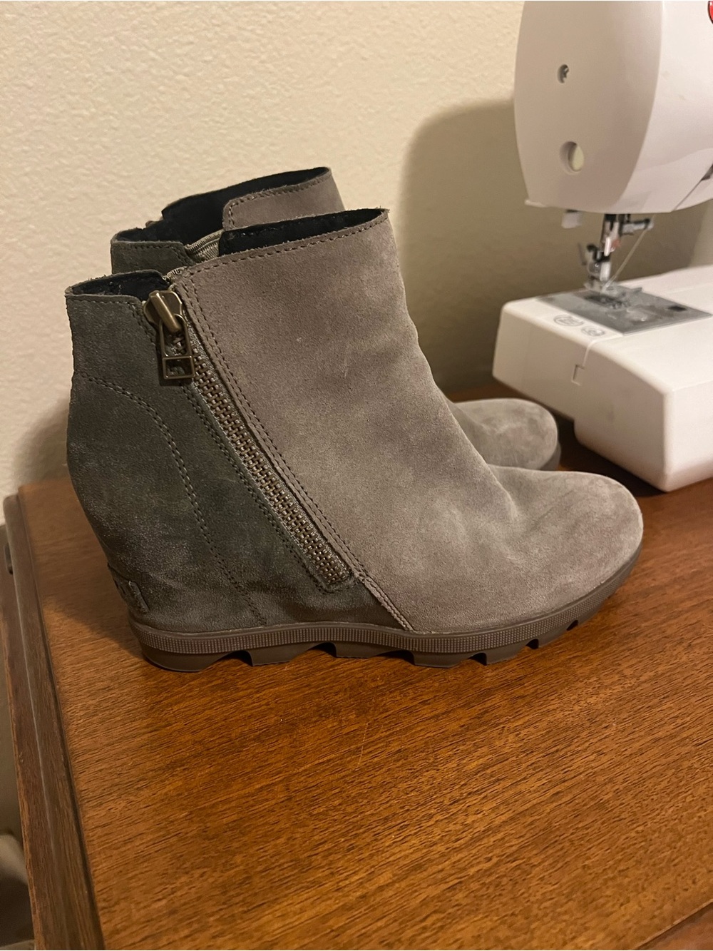 Sorel Gray Suede Hidden Wedge Ankle Booties with Side Zip